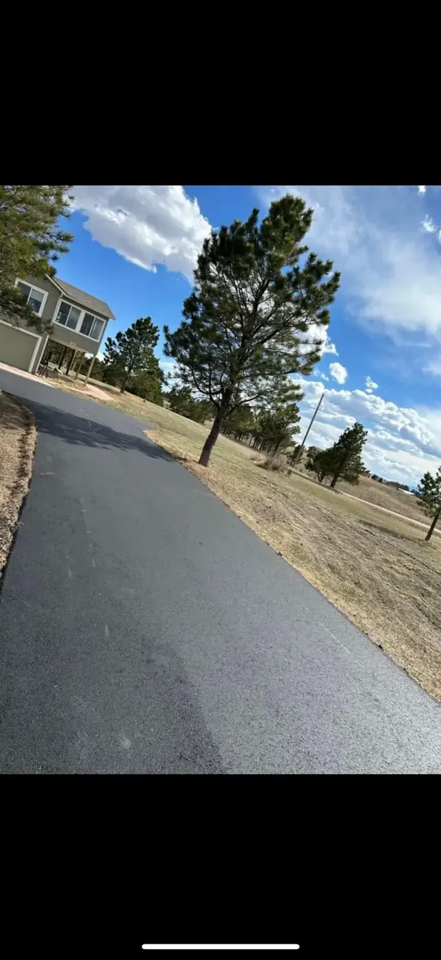Newly laid asphalt driveway leading to a residential garage