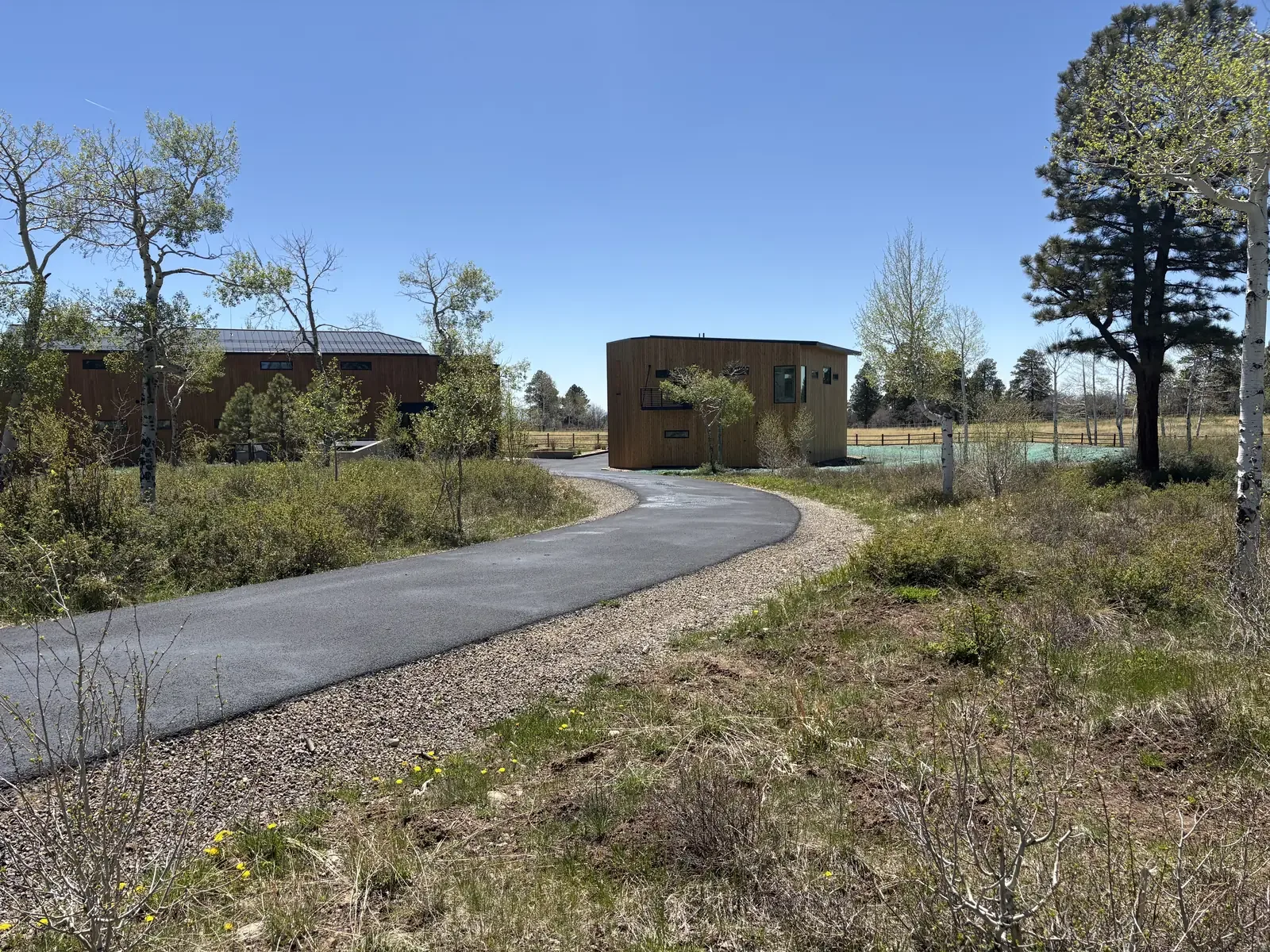 Winding new asphalt drive to a modern desert-modern home